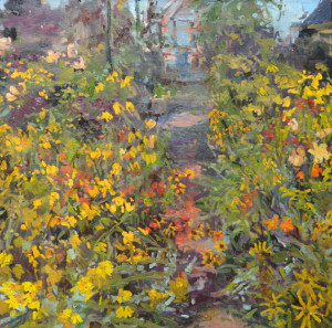 Margreet Boonstra gele tuin van Ton ter linden 60 x 60 cm olieverf op doek