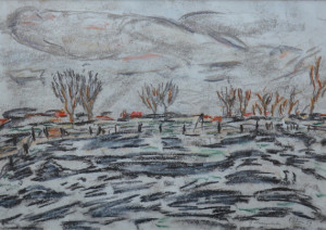 Ruurd Elzer winterlandschap (buurtschap De Essen) 27 x 38 cm pastelkrijt
