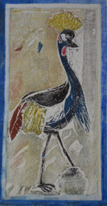 Rudolff (rudy) Seidel kroonkraanvogel 62 x 38 cm kleurenhoutsnede